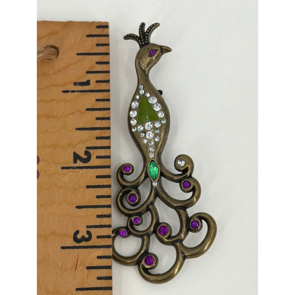 Vintage Bronze Peacock Brooch Pendant Purple Green Rhinestone Statement‎ Jewelry